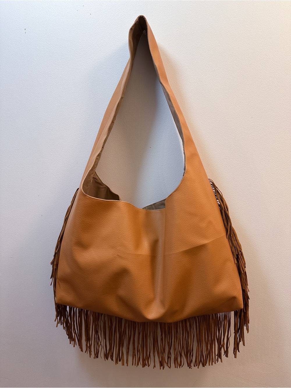 Handmade Tan Faux Leather Fringe Side Medium Size Tote Hobo Bag